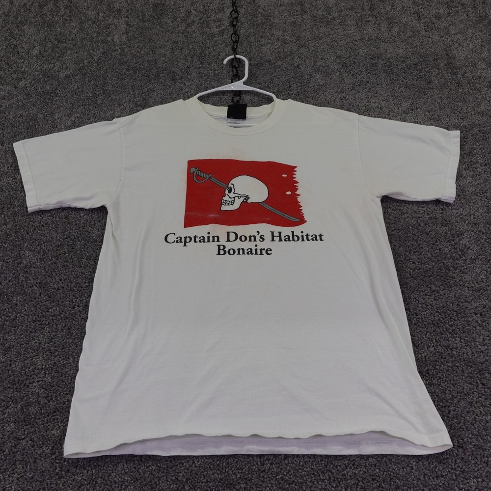 Captain Dons Habitat T Shirt Mens Medium White Bonaire Scuba Diving Skull Sword